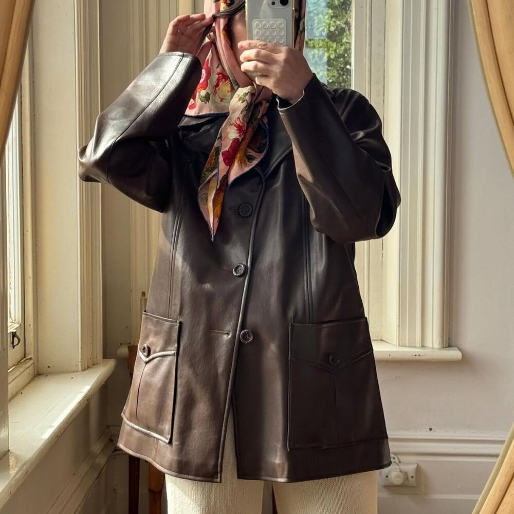 Vintage Chocolate Brown Faux Leather 90s Blazer Jacket